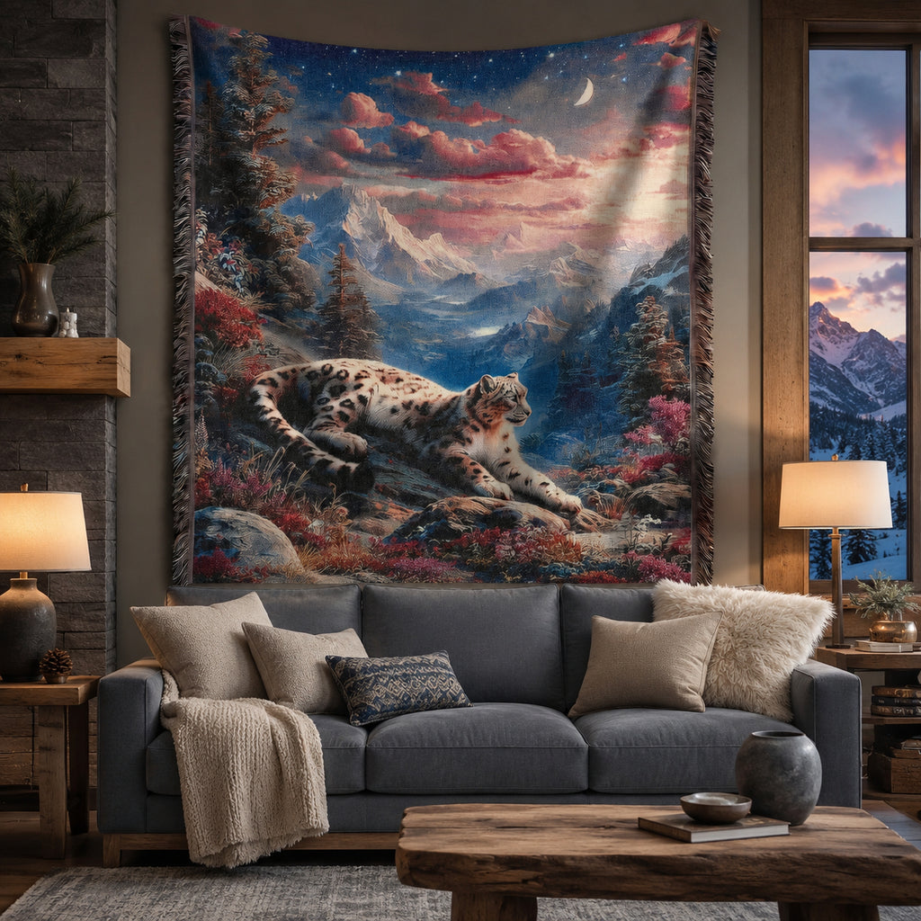 Snow Leopard Alpine Sunset Woven Blanket