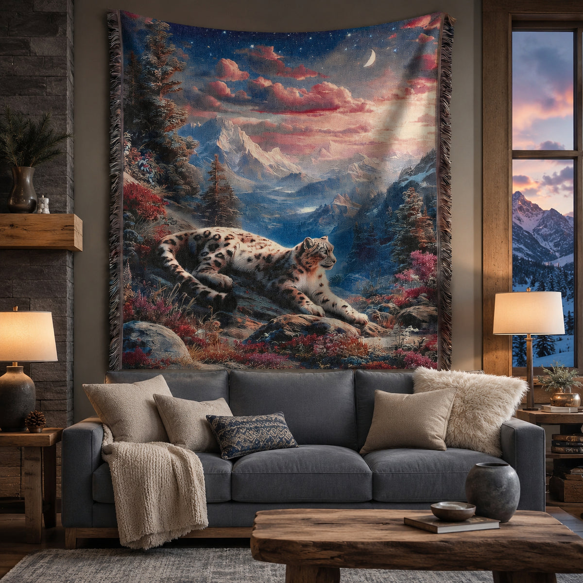 Snow Leopard Alpine Sunset Woven Blanket