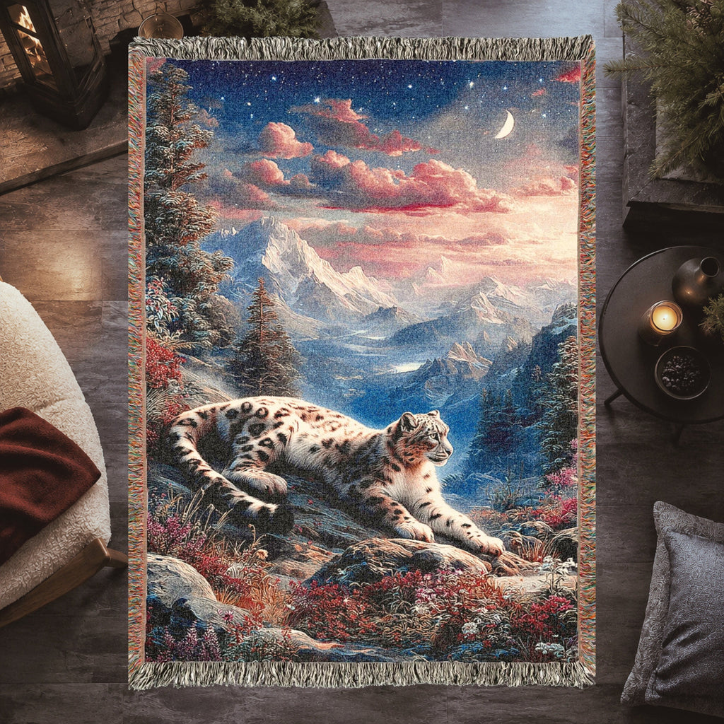 Snow Leopard Alpine Sunset Woven Blanket