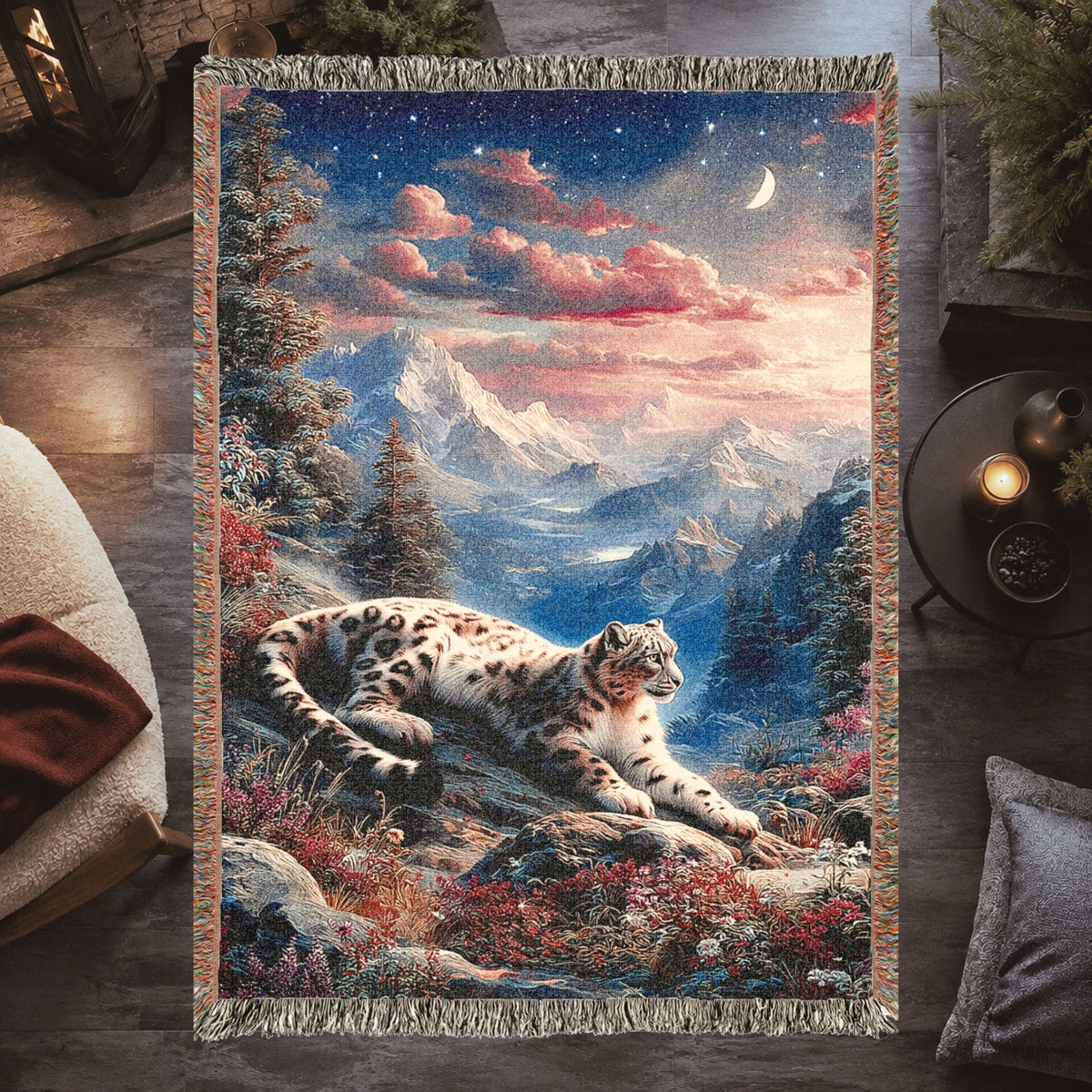 Snow Leopard Alpine Sunset Woven Blanket