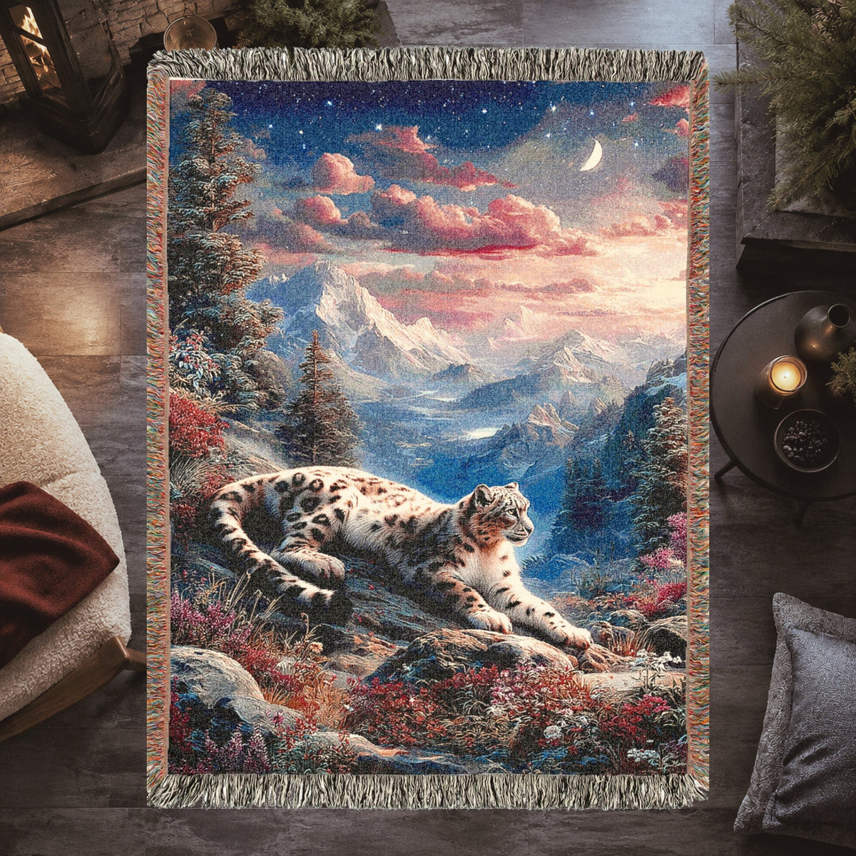 Snow Leopard Alpine Sunset Woven Blanket