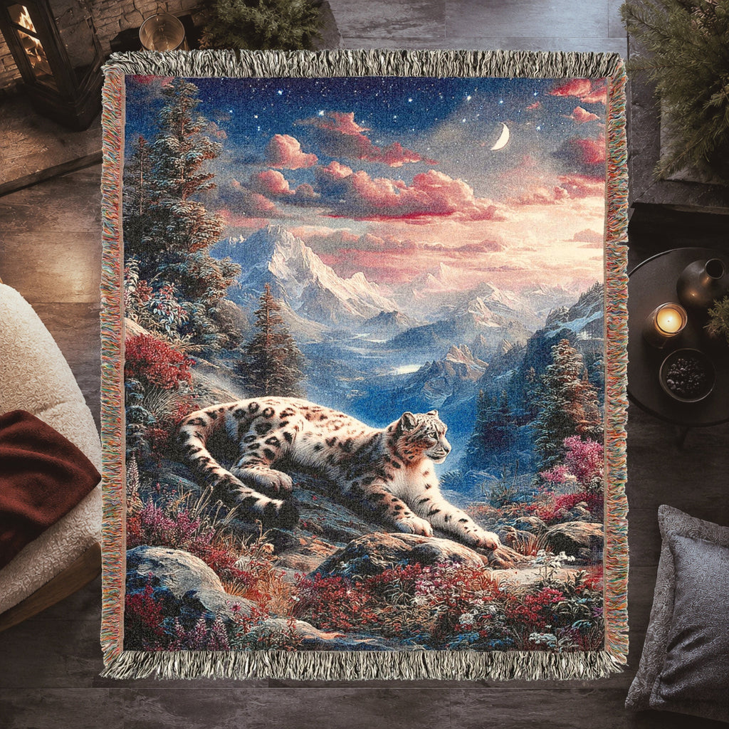 Snow Leopard Alpine Sunset Woven Blanket