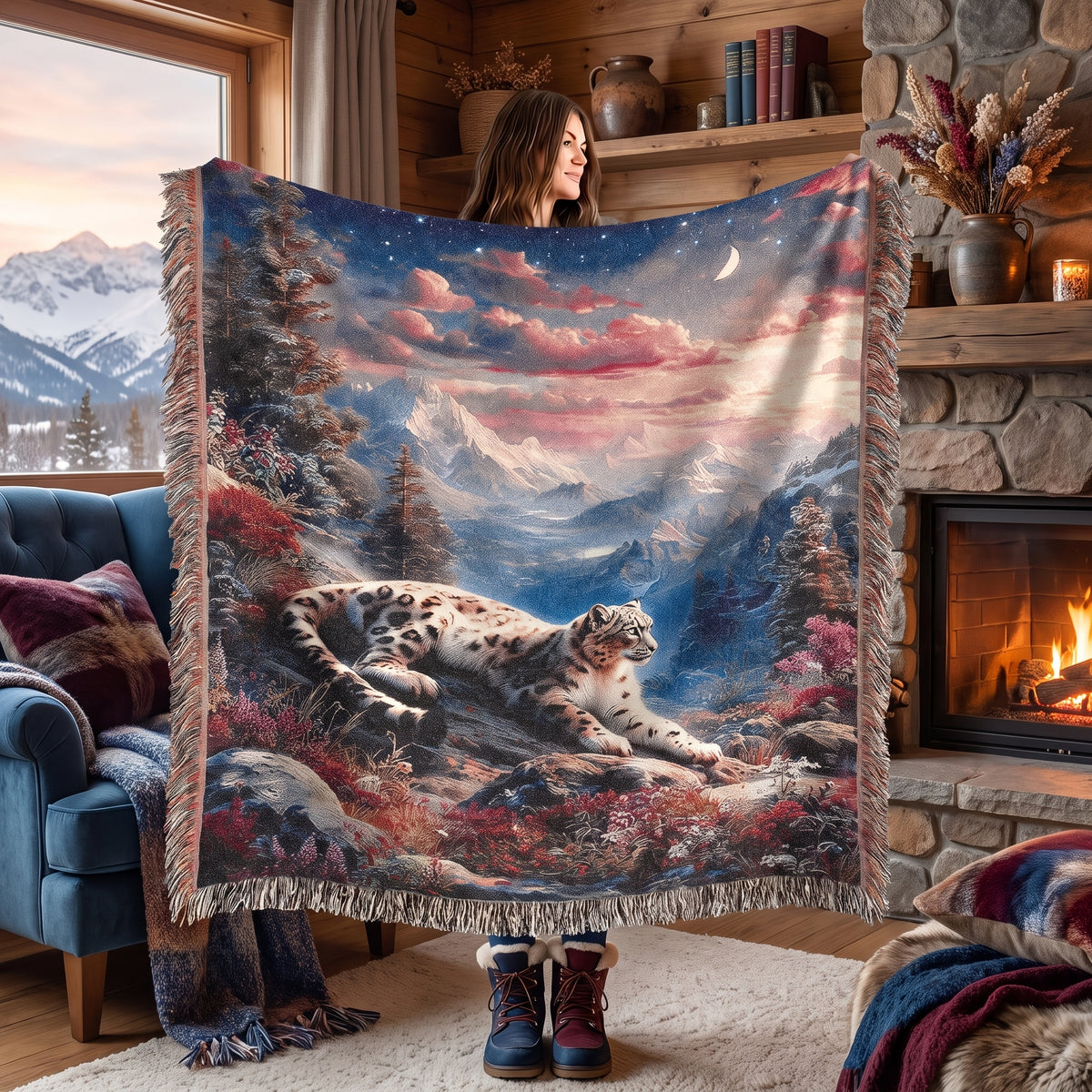Snow Leopard Alpine Sunset Woven Blanket