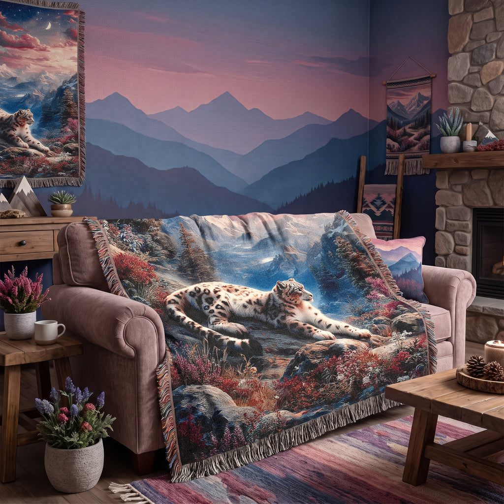 Snow Leopard Alpine Sunset Woven Blanket