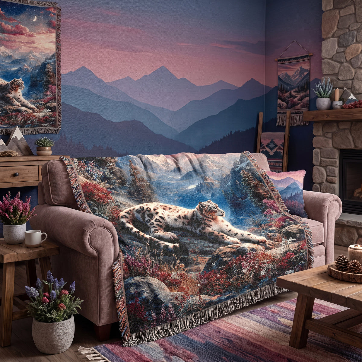 Snow Leopard Alpine Sunset Woven Blanket