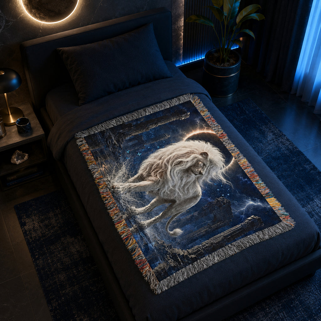 White Lion Moonlit Ruins Woven Blanket