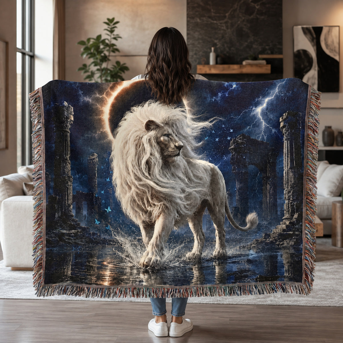 White Lion Moonlit Ruins Woven Blanket