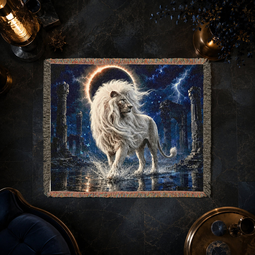 White Lion Moonlit Ruins Woven Blanket