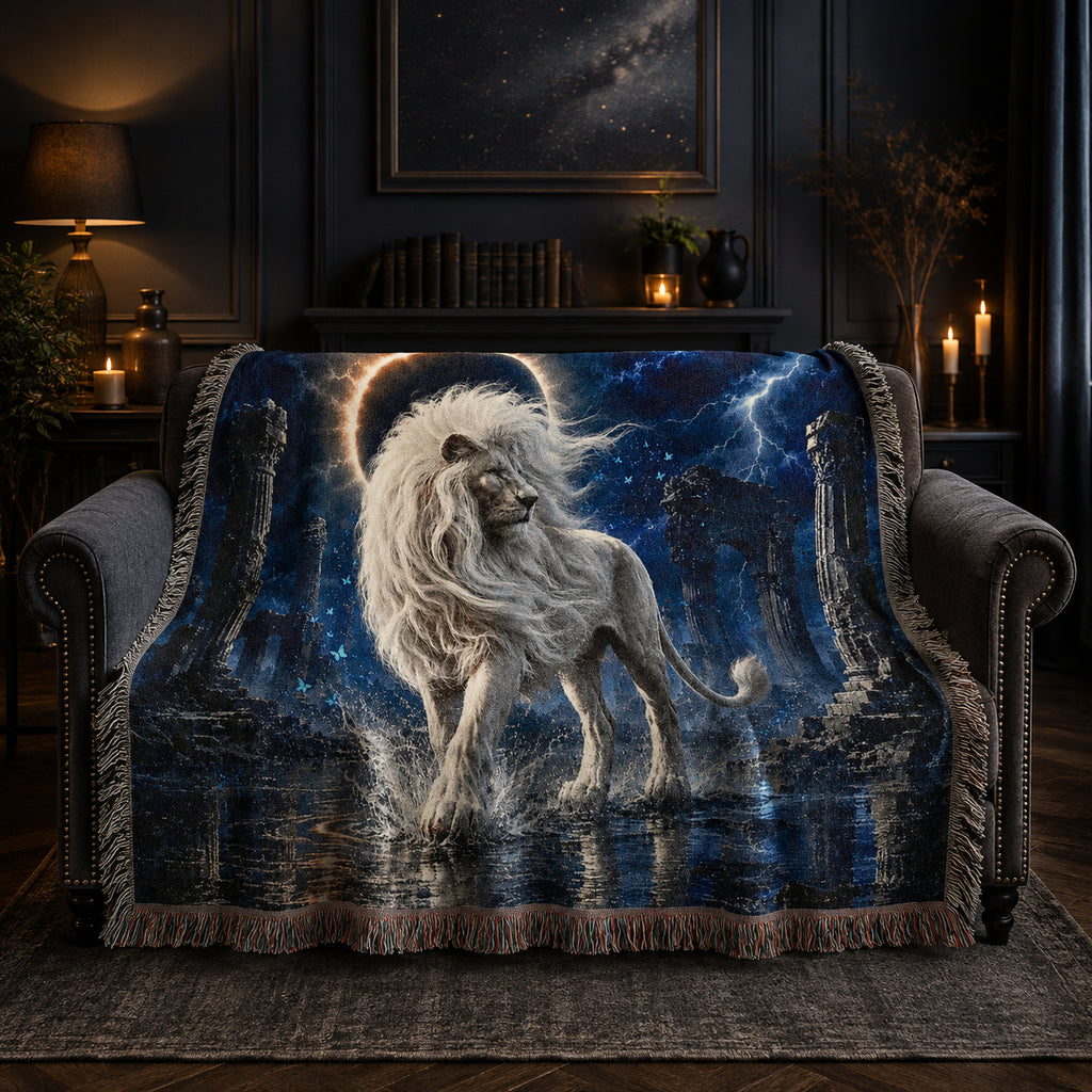 White Lion Moonlit Ruins Woven Blanket