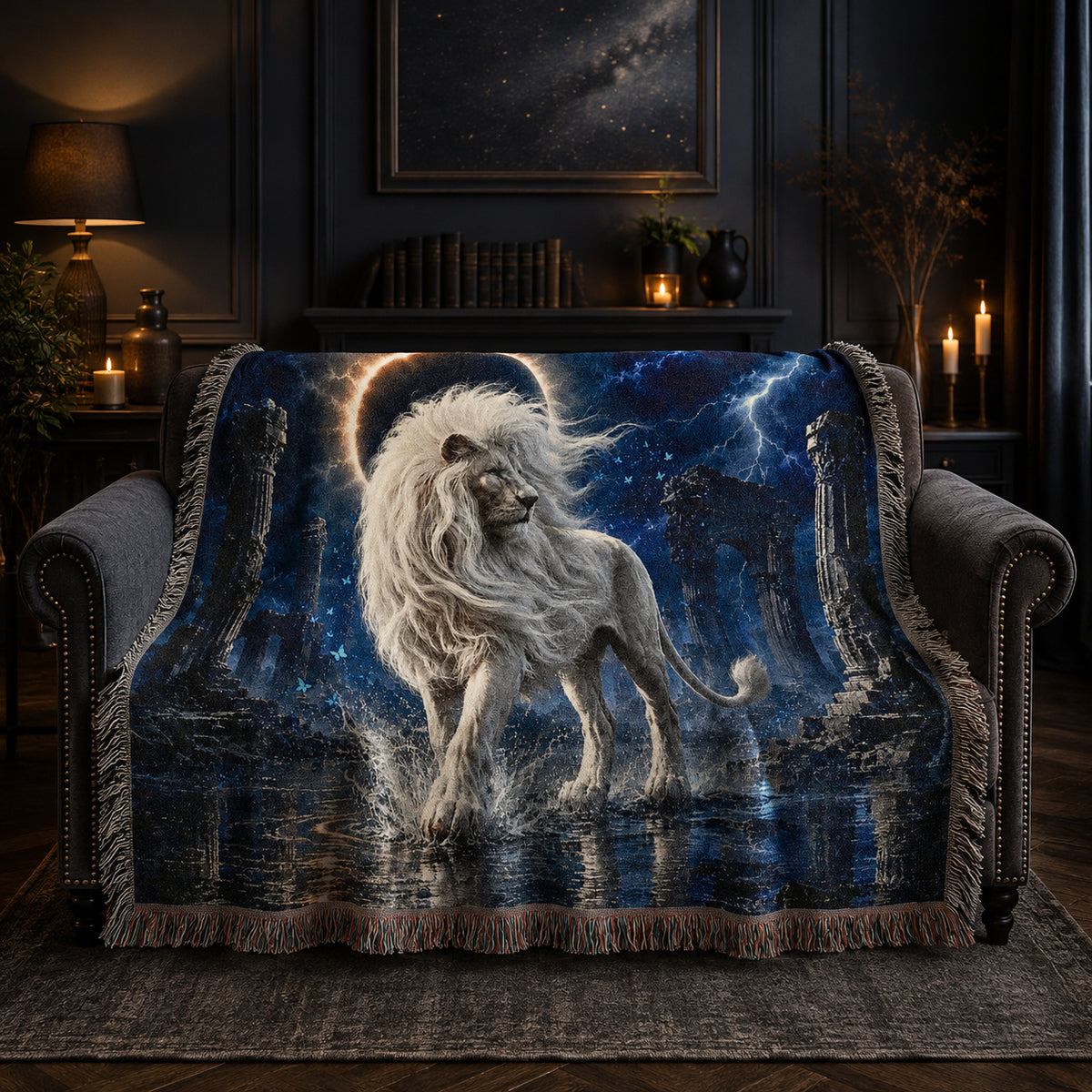 White Lion Moonlit Ruins Woven Blanket
