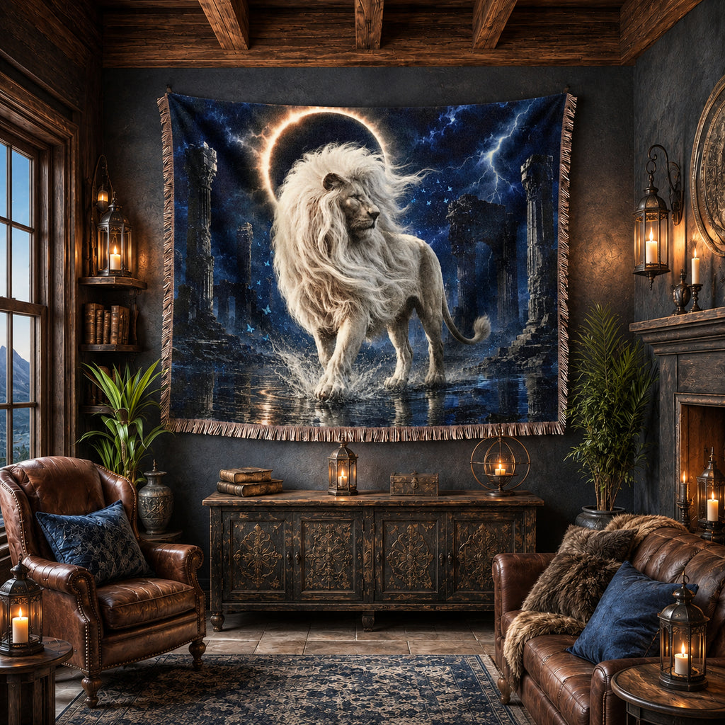 White Lion Moonlit Ruins Woven Blanket