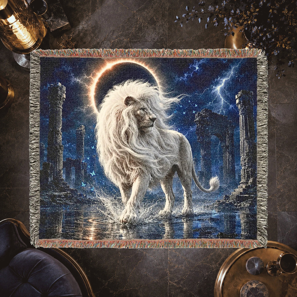 White Lion Moonlit Ruins Woven Blanket