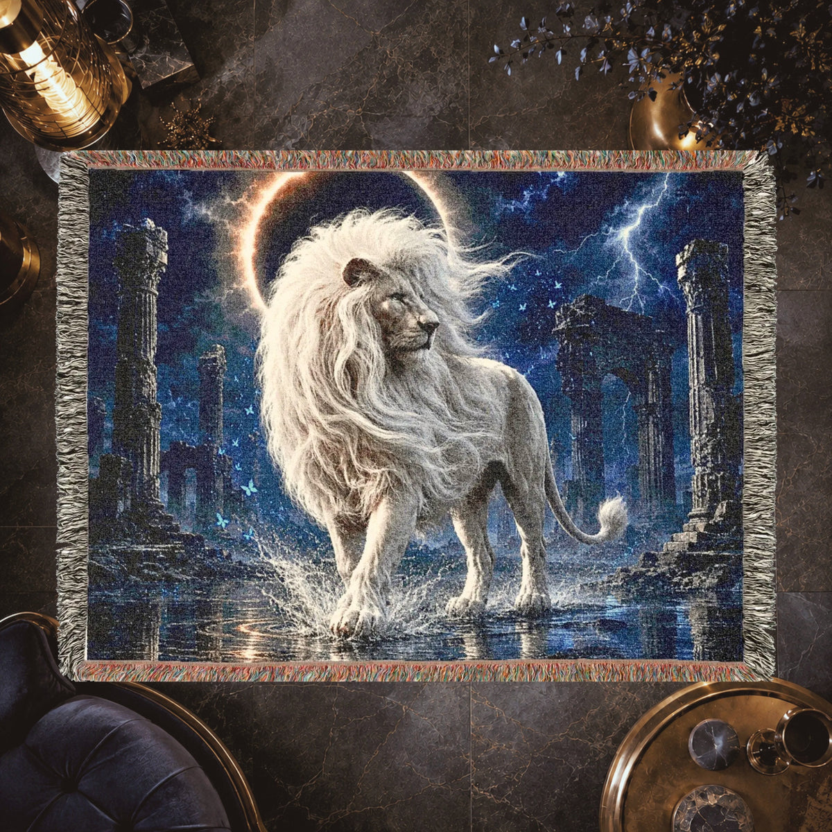 White Lion Moonlit Ruins Woven Blanket