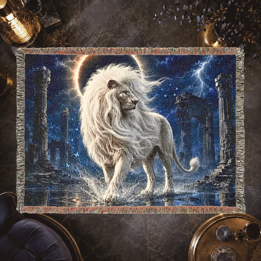 White Lion Moonlit Ruins Woven Blanket