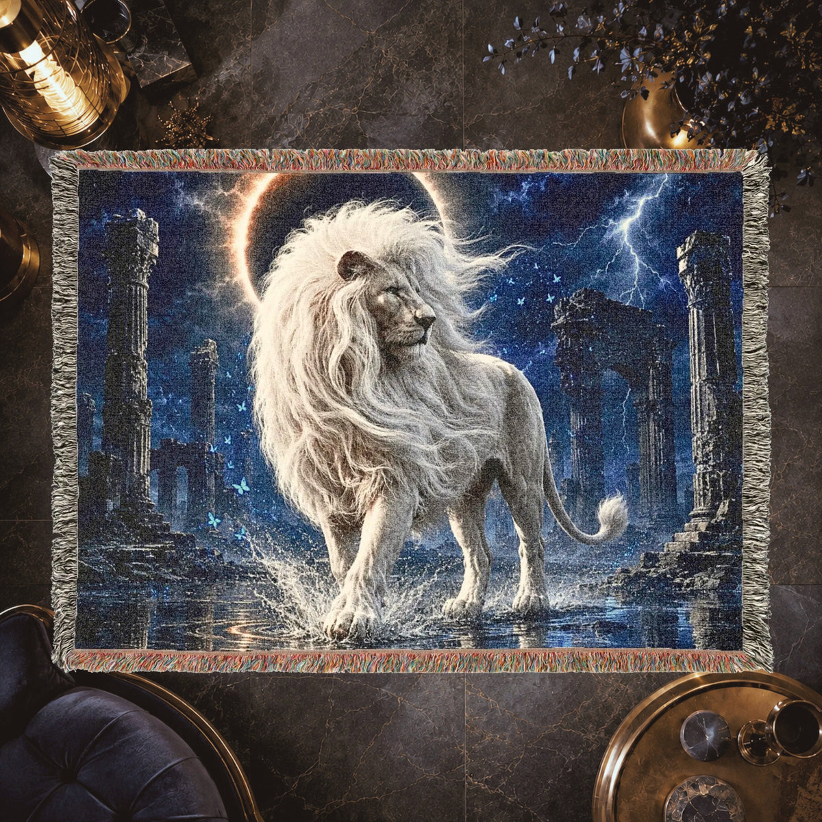 White Lion Moonlit Ruins Woven Blanket