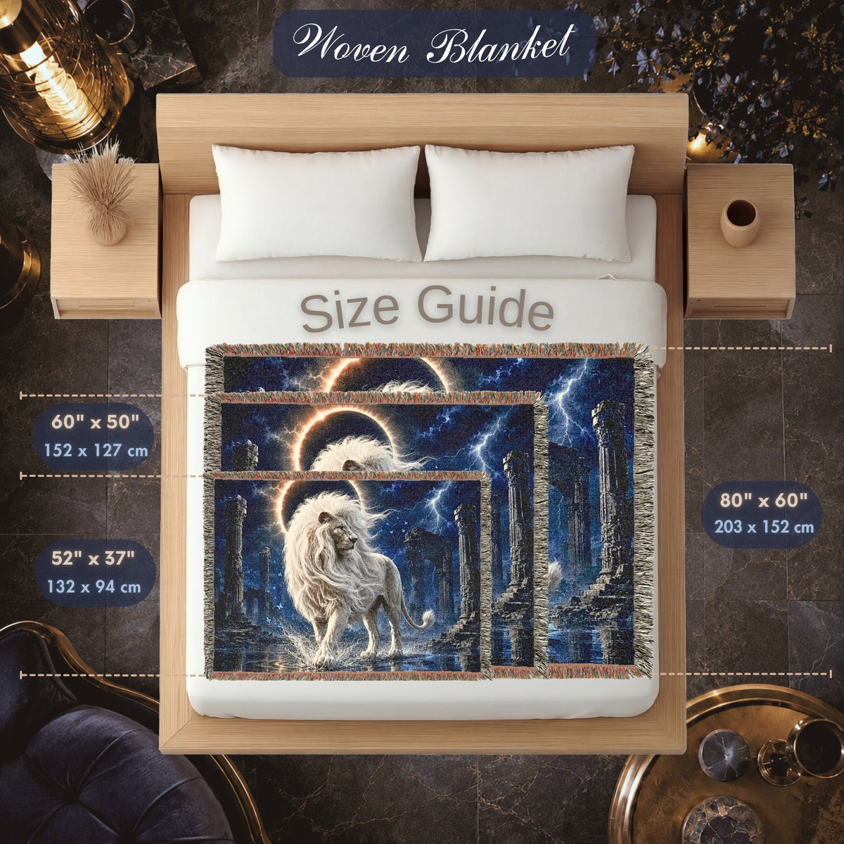 White Lion Moonlit Ruins Woven Blanket