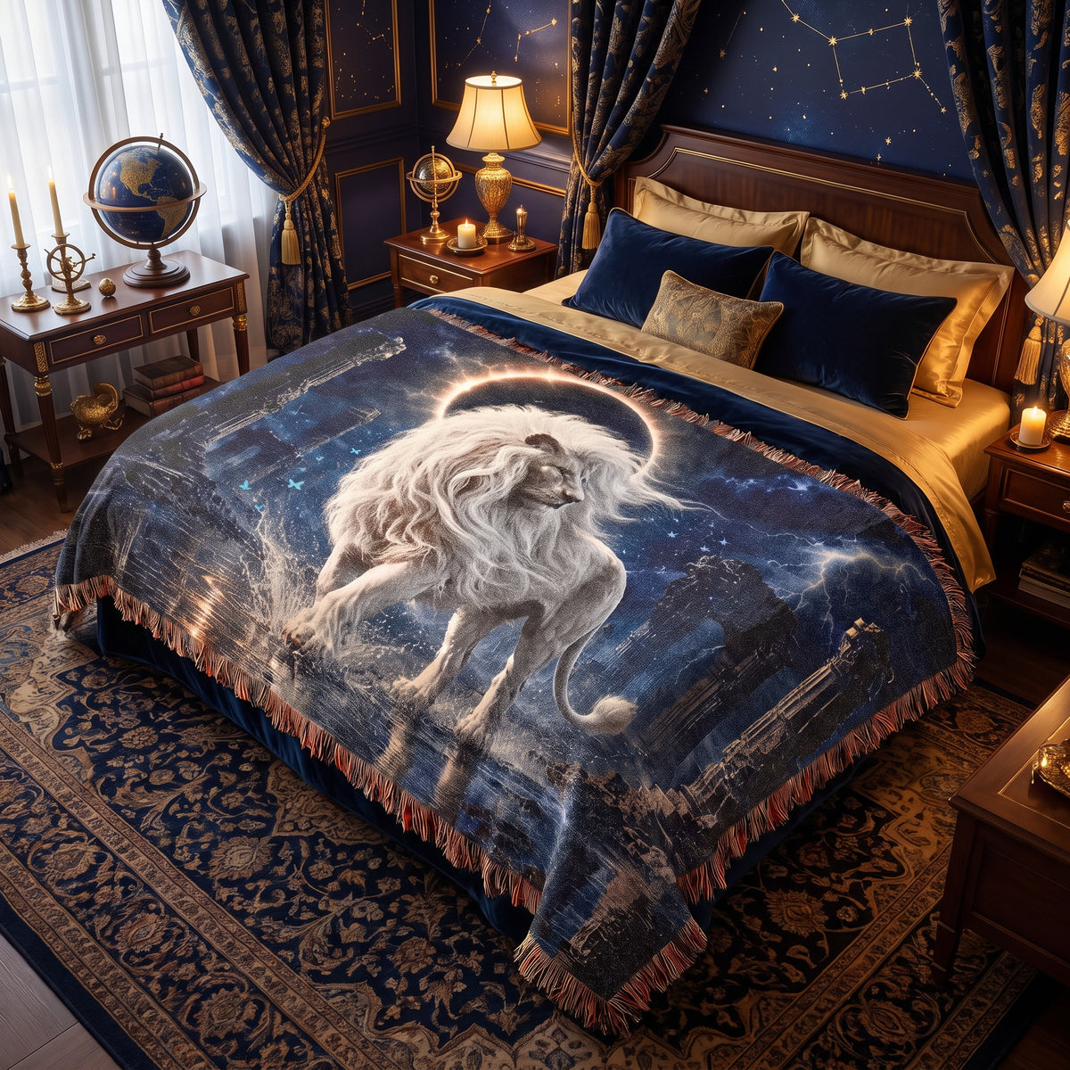 White Lion Moonlit Ruins Woven Blanket