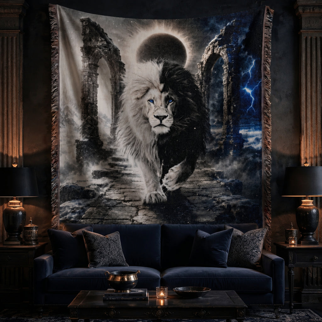 Black and White Lion Eclipse Woven Blanket
