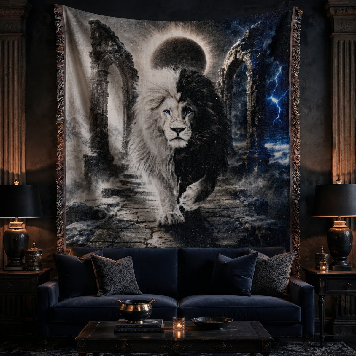 Black and White Lion Eclipse Woven Blanket