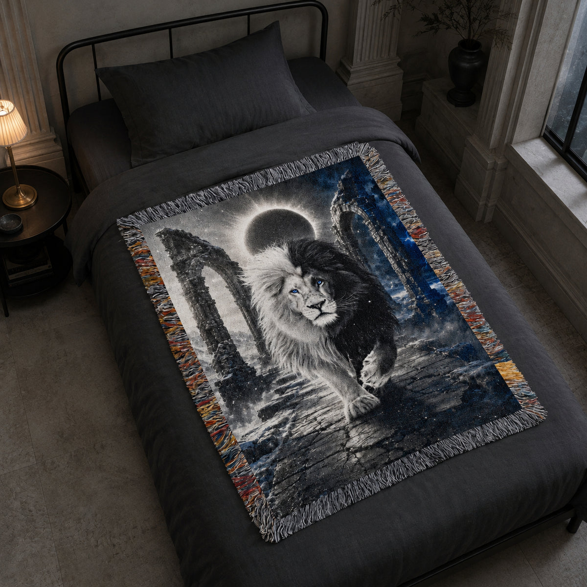 Black and White Lion Eclipse Woven Blanket