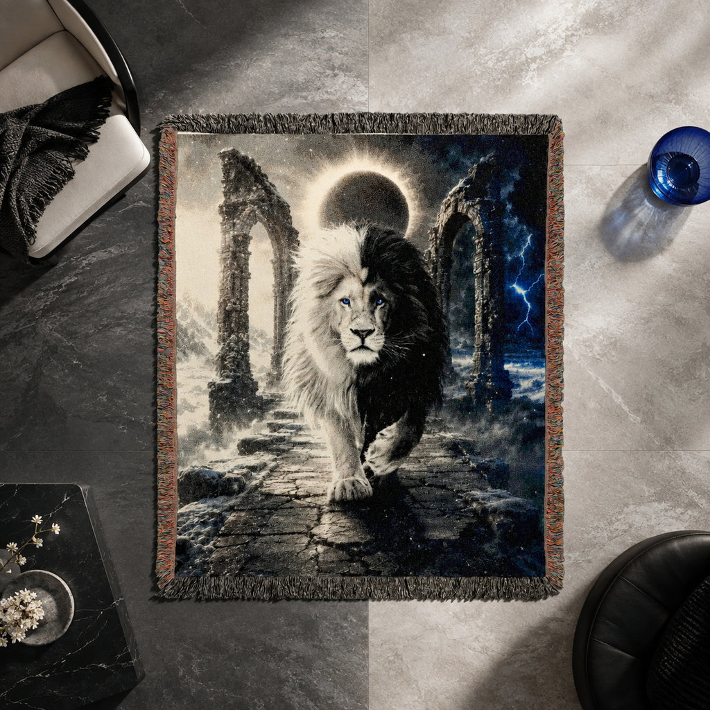 Black and White Lion Eclipse Woven Blanket
