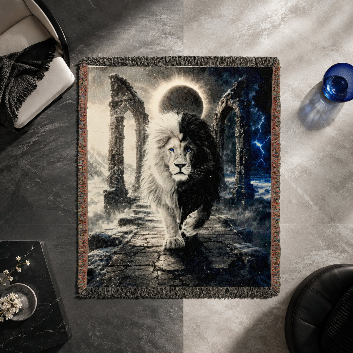 Black and White Lion Eclipse Woven Blanket