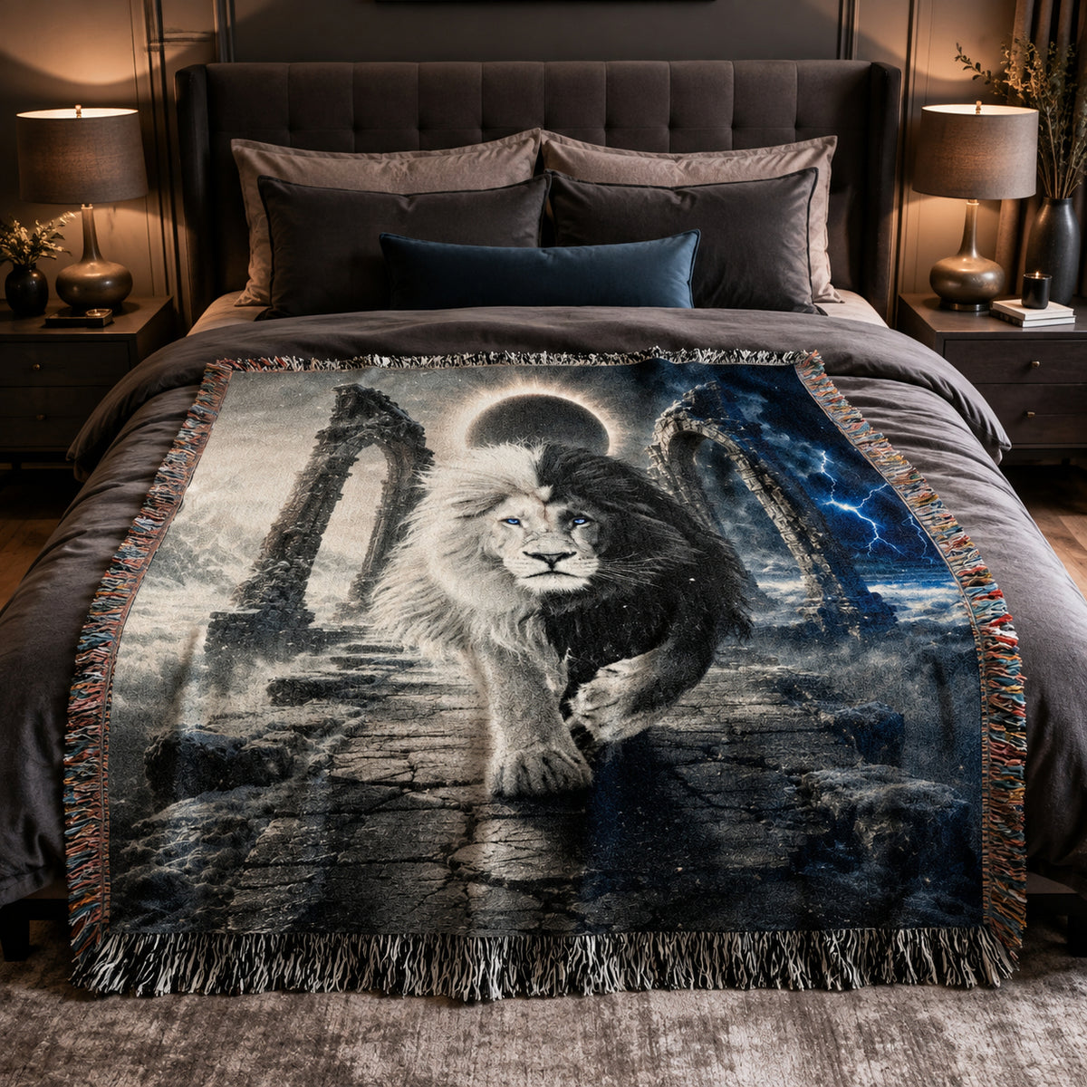 Black and White Lion Eclipse Woven Blanket