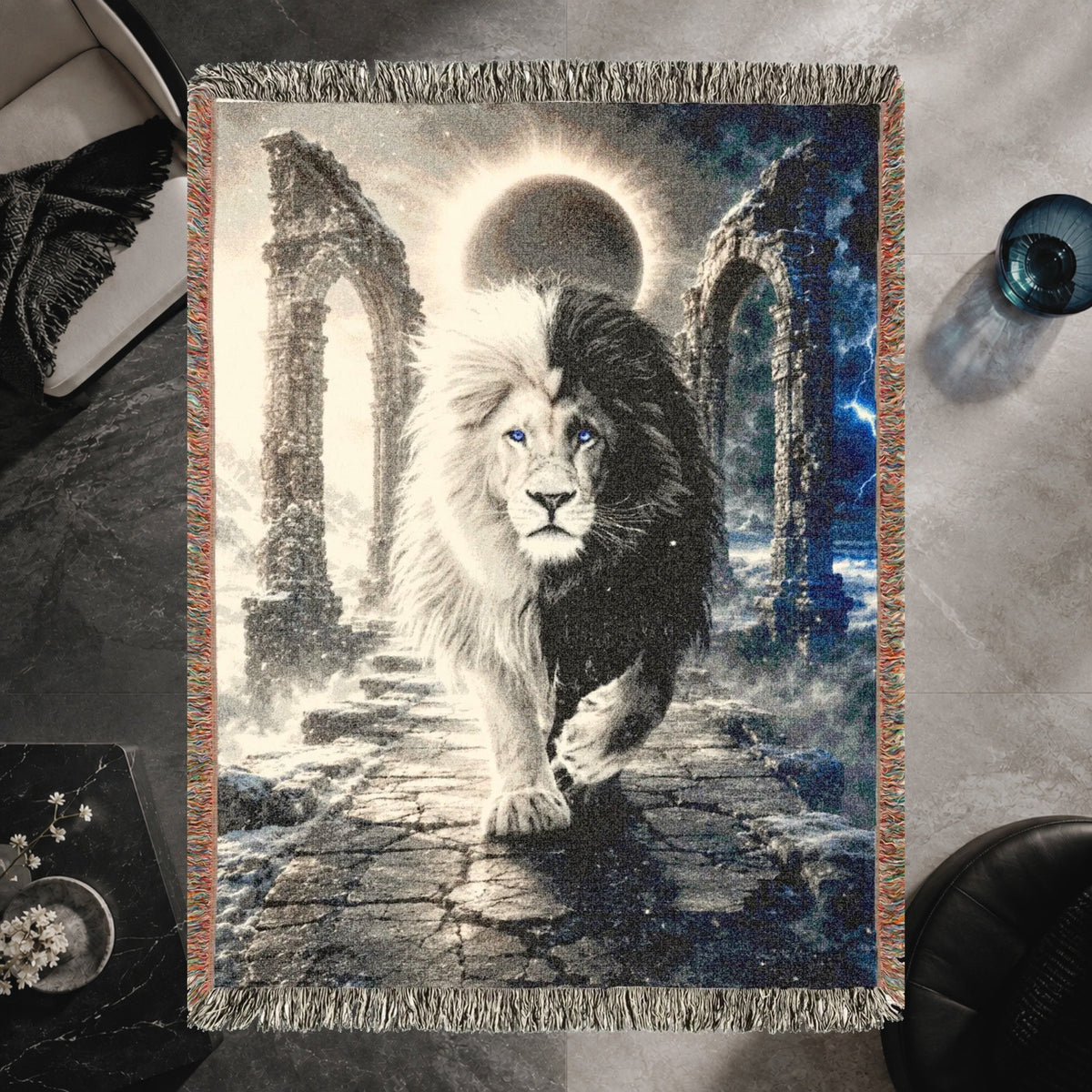 Black and White Lion Eclipse Woven Blanket