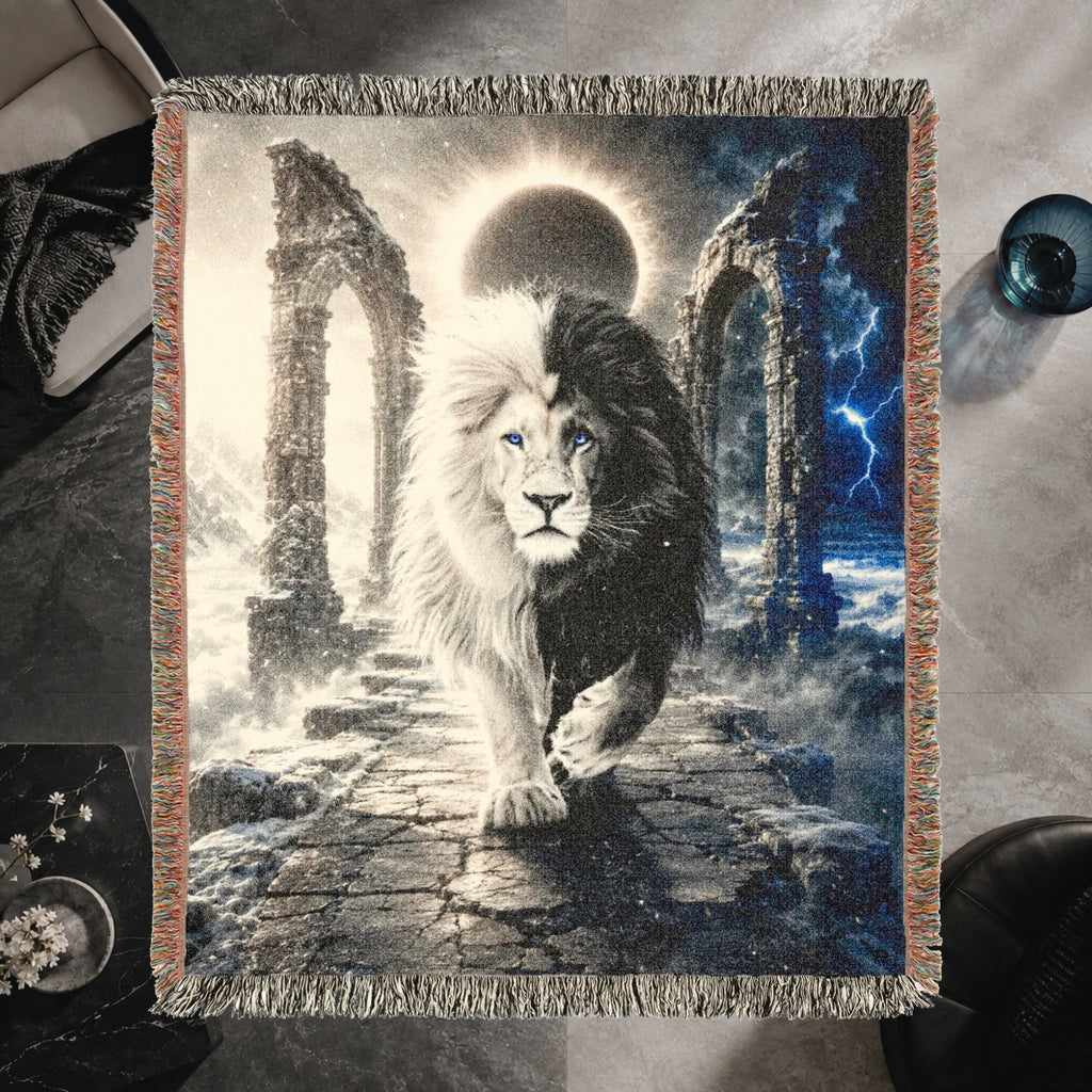 Black and White Lion Eclipse Woven Blanket