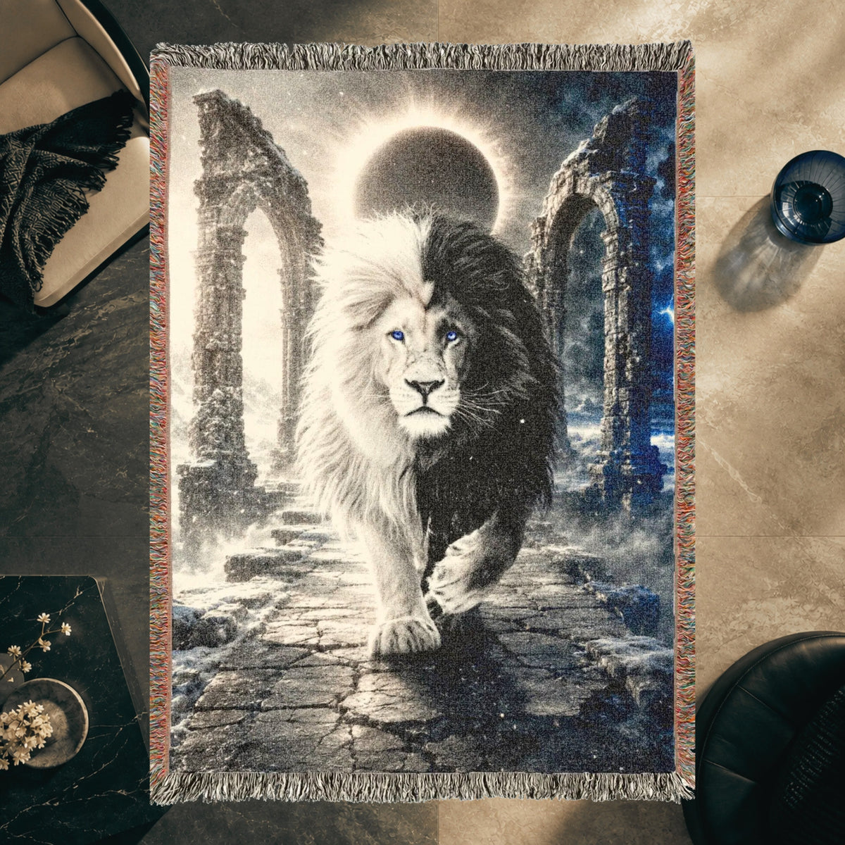 Black and White Lion Eclipse Woven Blanket