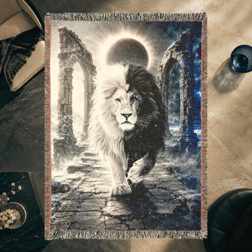 Black and White Lion Eclipse Woven Blanket