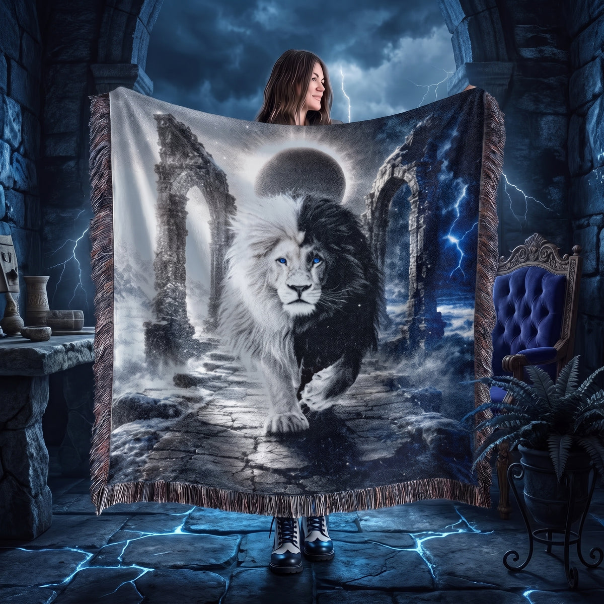 Black and White Lion Eclipse Woven Blanket
