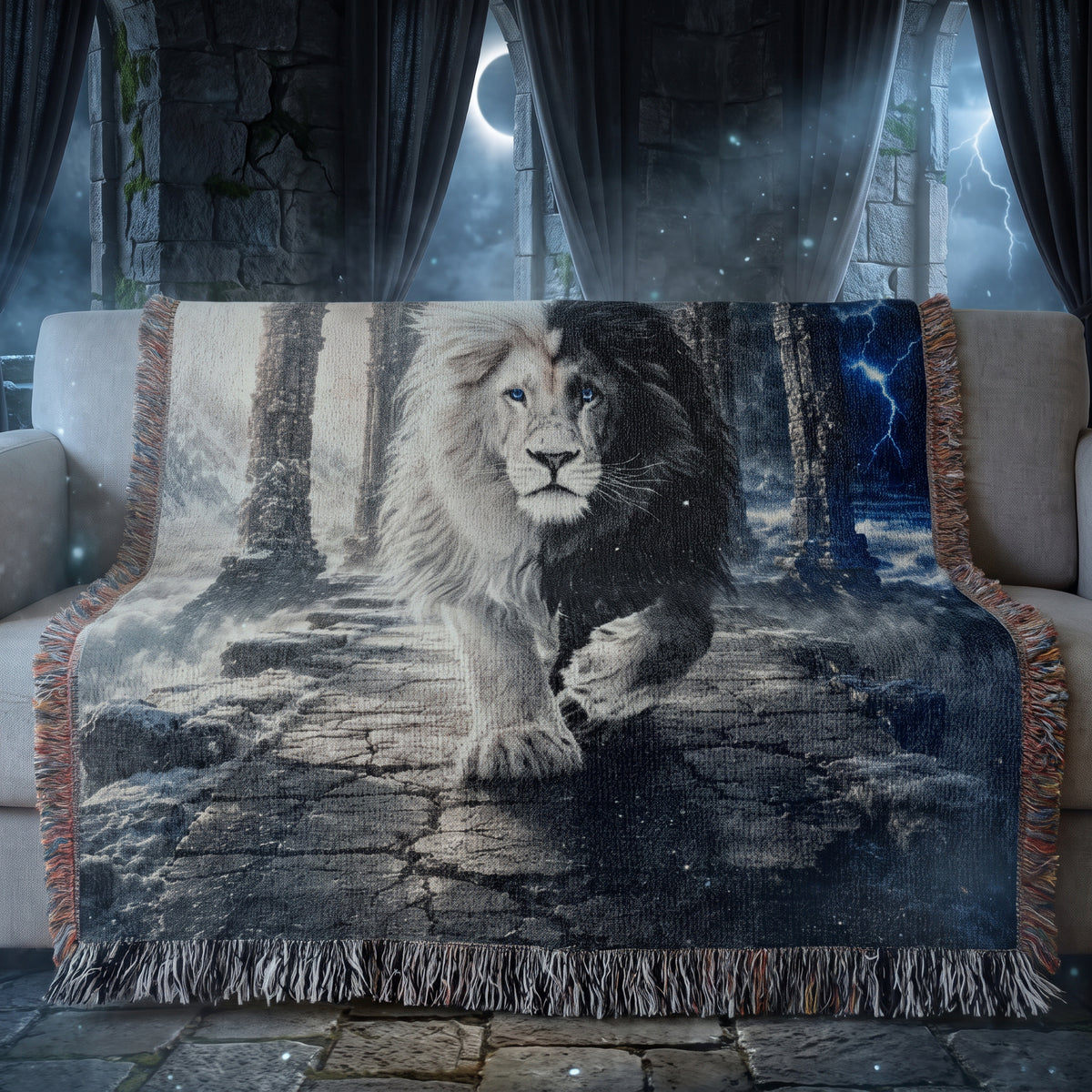 Black and White Lion Eclipse Woven Blanket