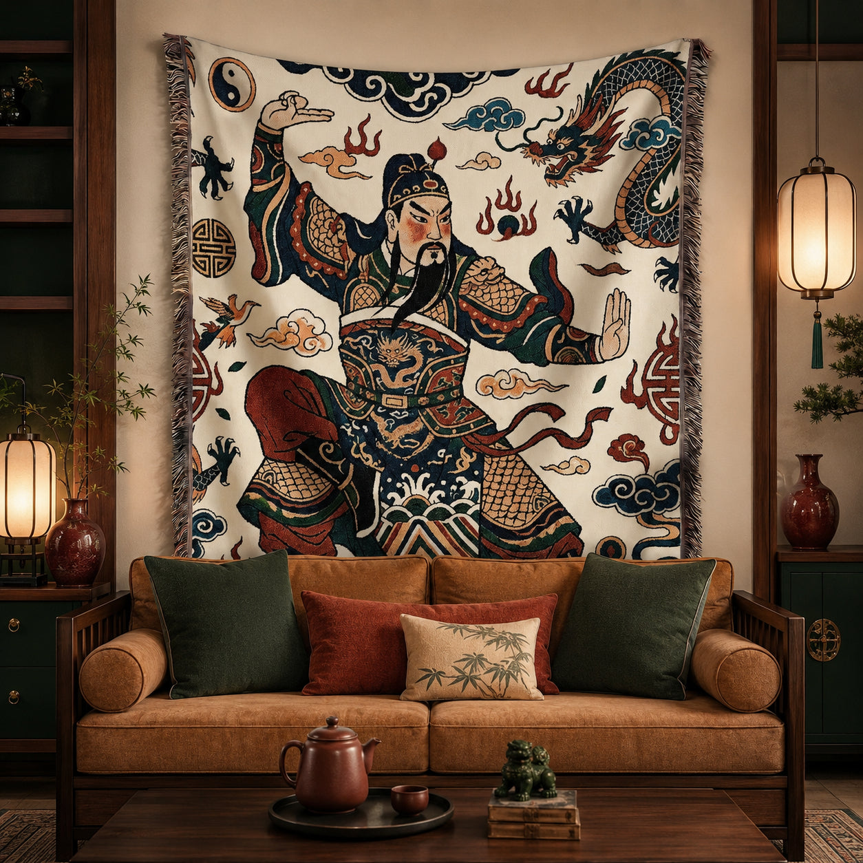 Guan Yu Inspired Chinese Warrior Woven Blanket with Dragon