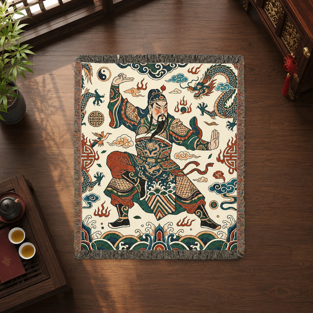 Guan Yu Inspired Chinese Warrior Woven Blanket with Dragon