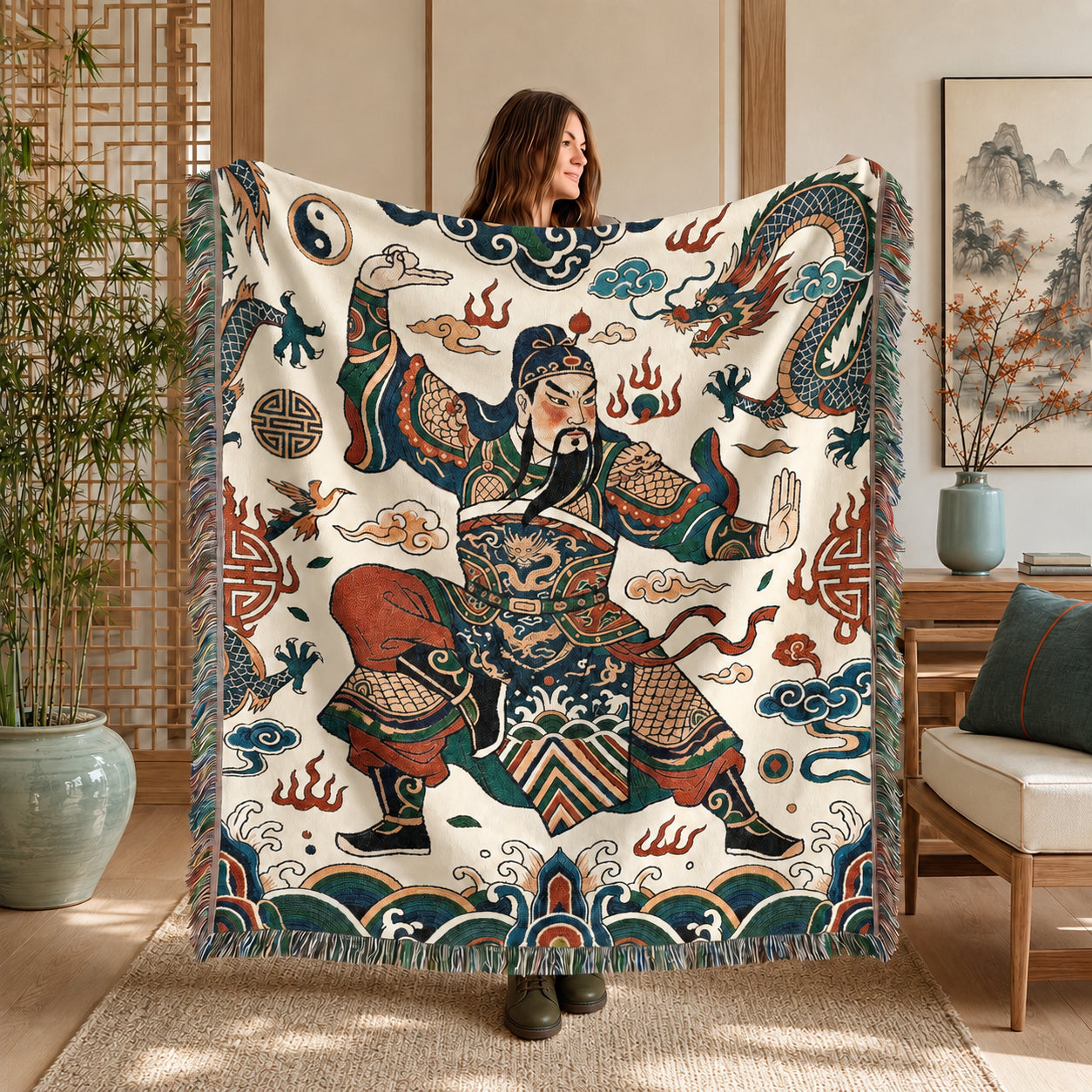 Guan Yu Inspired Chinese Warrior Woven Blanket with Dragon