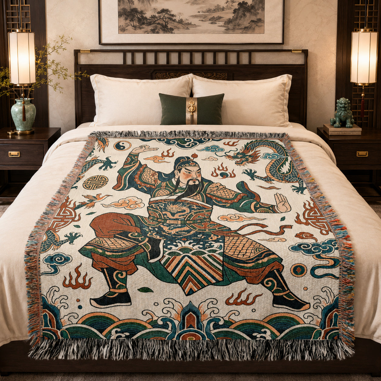 Guan Yu Inspired Chinese Warrior Woven Blanket with Dragon
