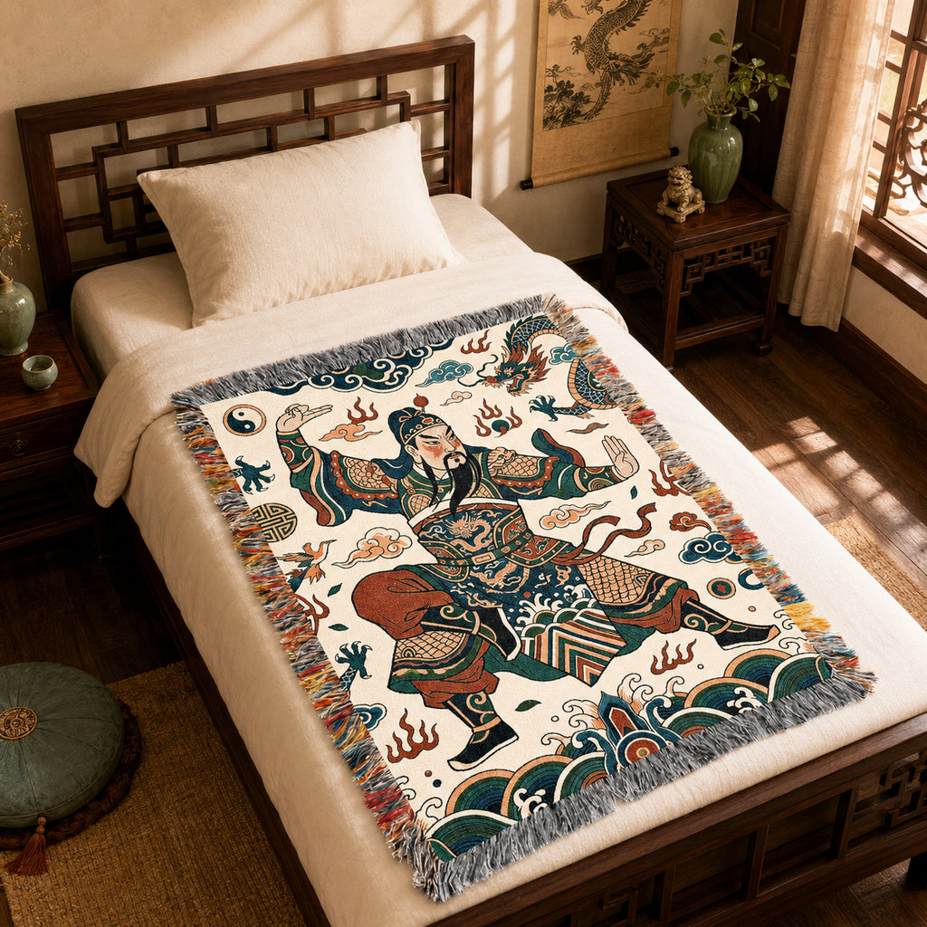 Guan Yu Inspired Chinese Warrior Woven Blanket with Dragon
