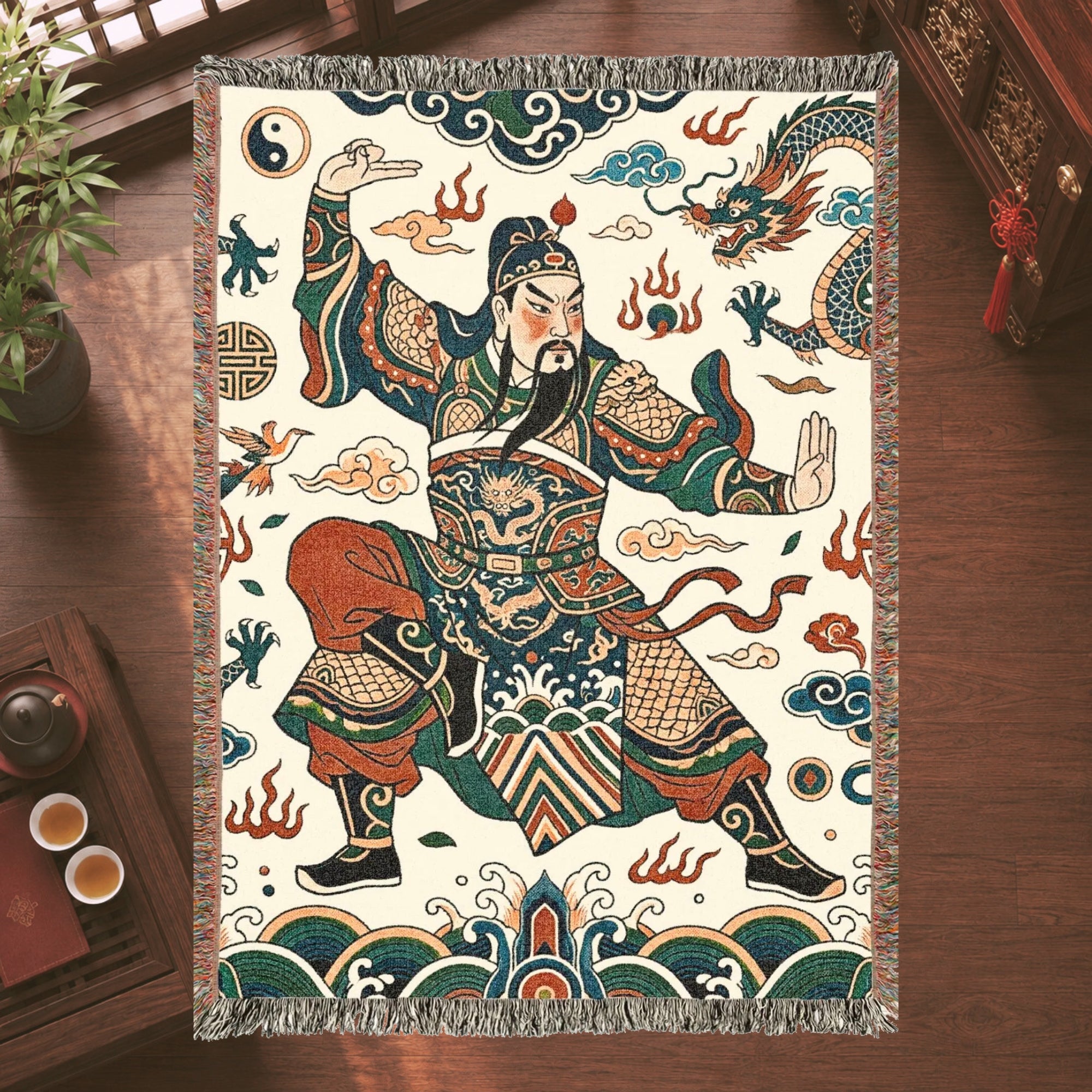 Guan Yu Inspired Chinese Warrior Woven Blanket with Dragon