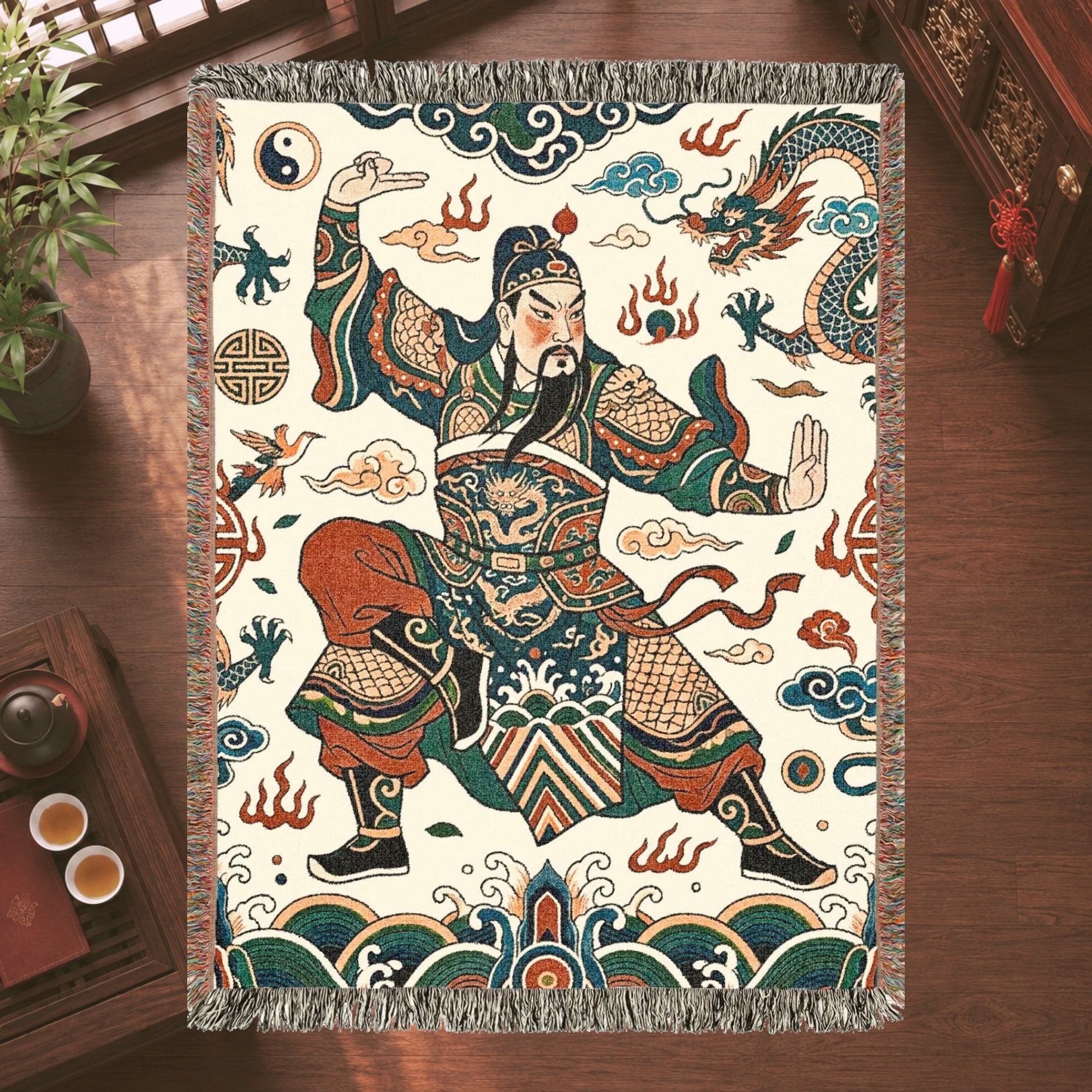 Guan Yu Inspired Chinese Warrior Woven Blanket with Dragon