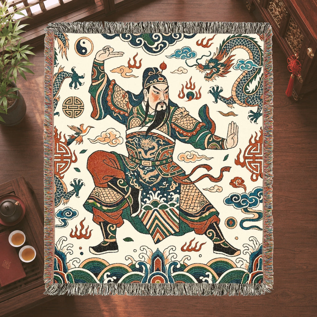 Guan Yu Inspired Chinese Warrior Woven Blanket with Dragon