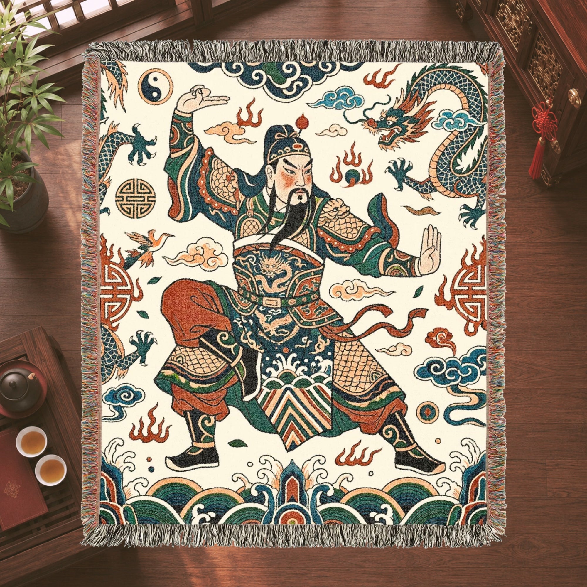 Guan Yu Inspired Chinese Warrior Woven Blanket with Dragon