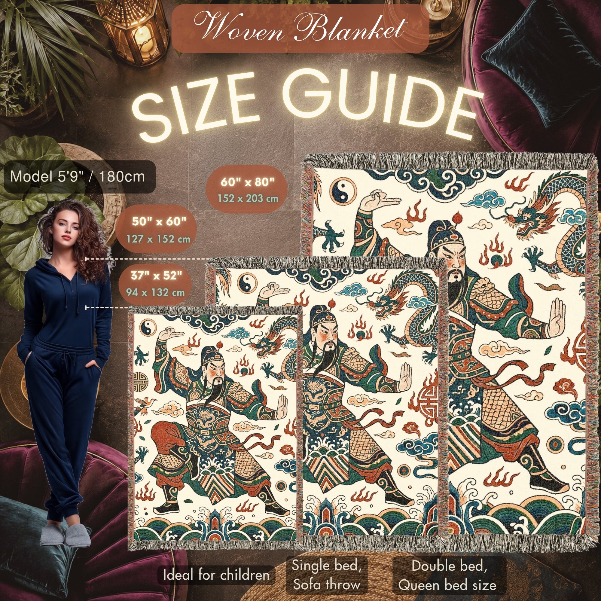 Guan Yu Inspired Chinese Warrior Woven Blanket with Dragon