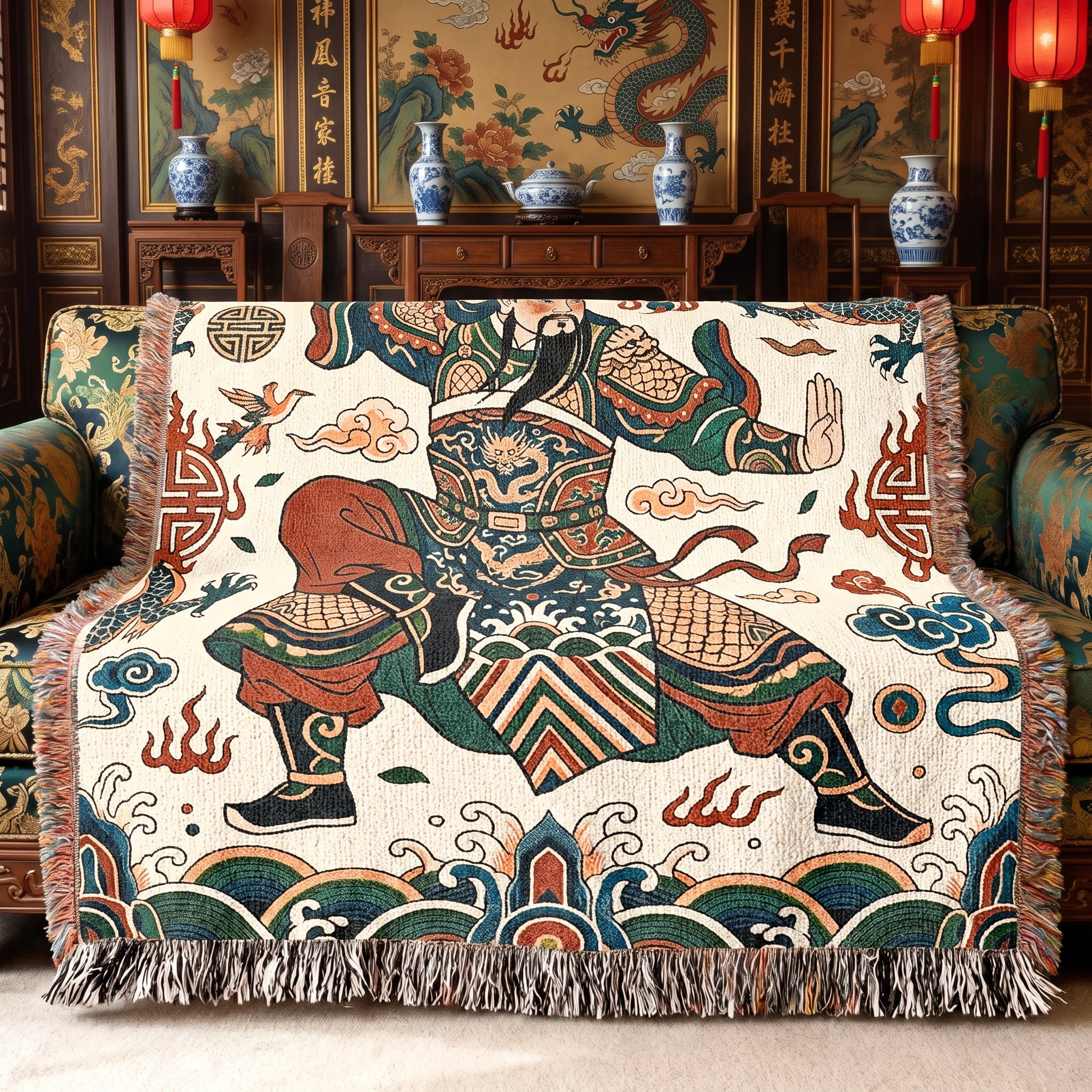 Guan Yu Inspired Chinese Warrior Woven Blanket with Dragon