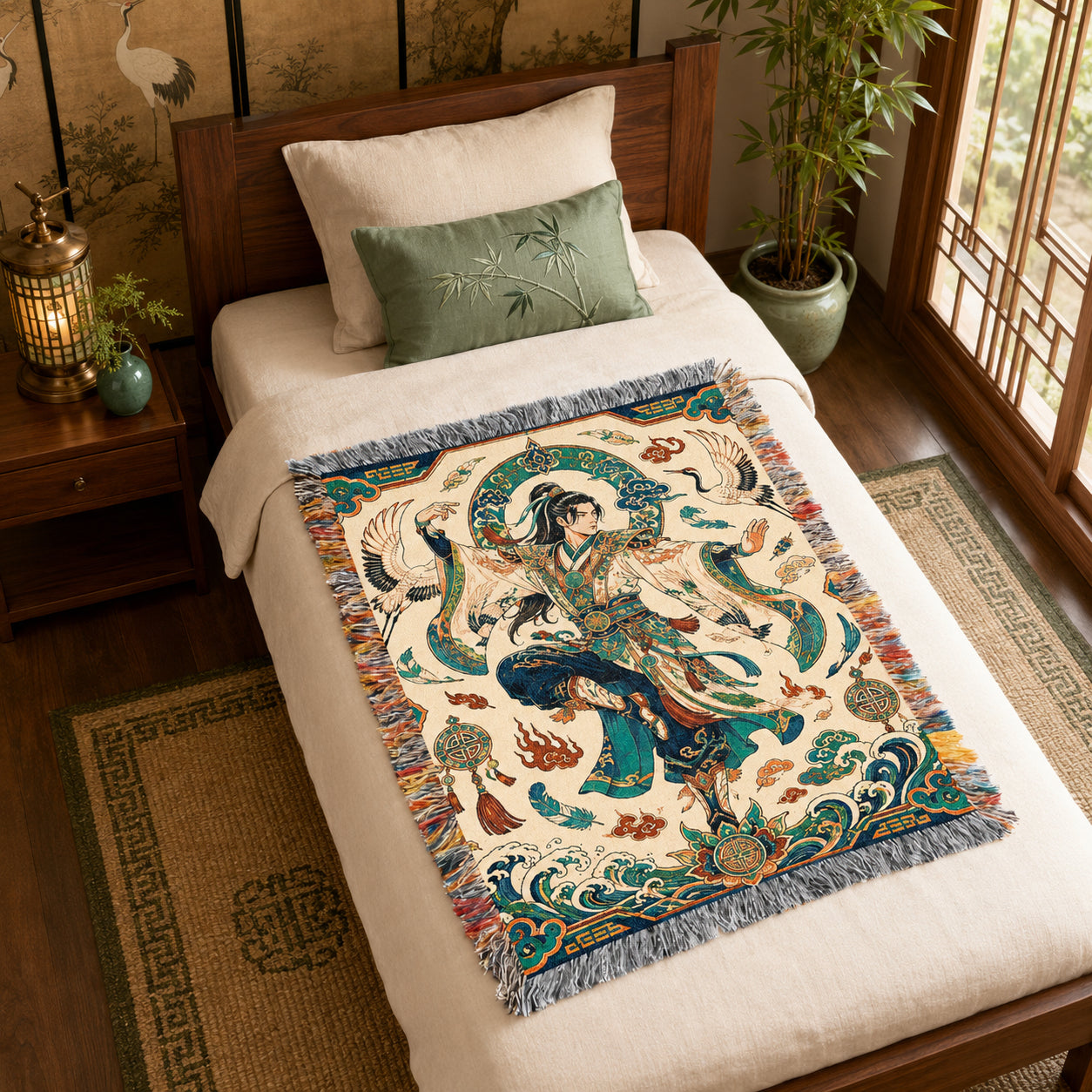Chinese Warrior Woven Blanket with Cranes and Waves