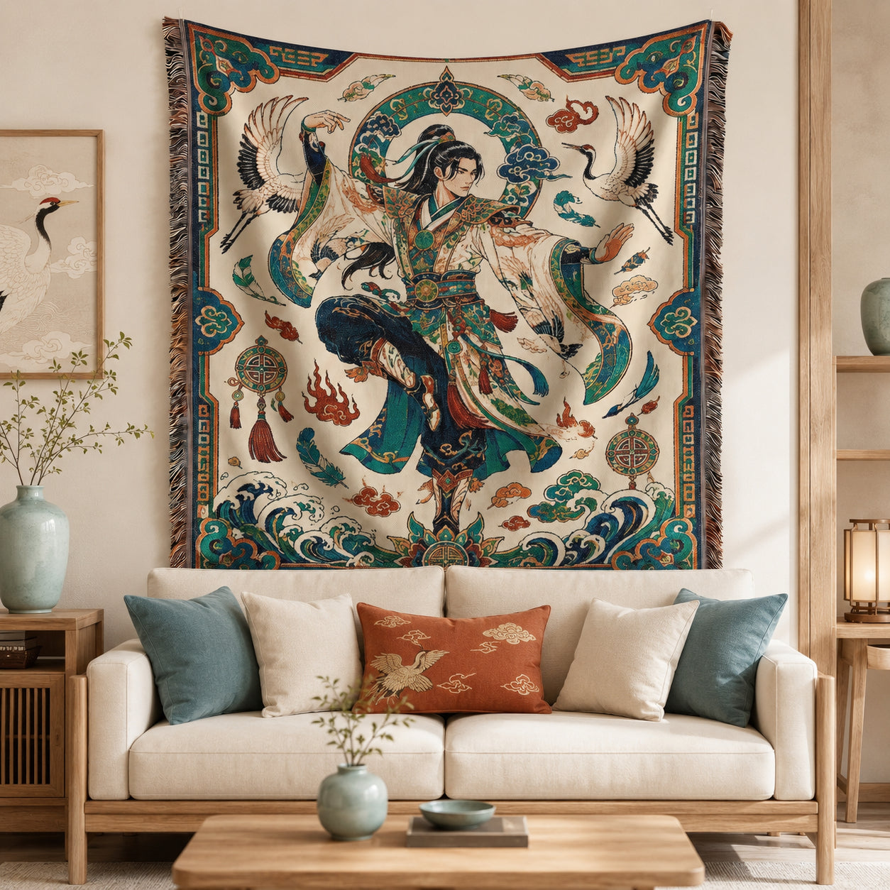 Chinese Warrior Woven Blanket with Cranes and Waves