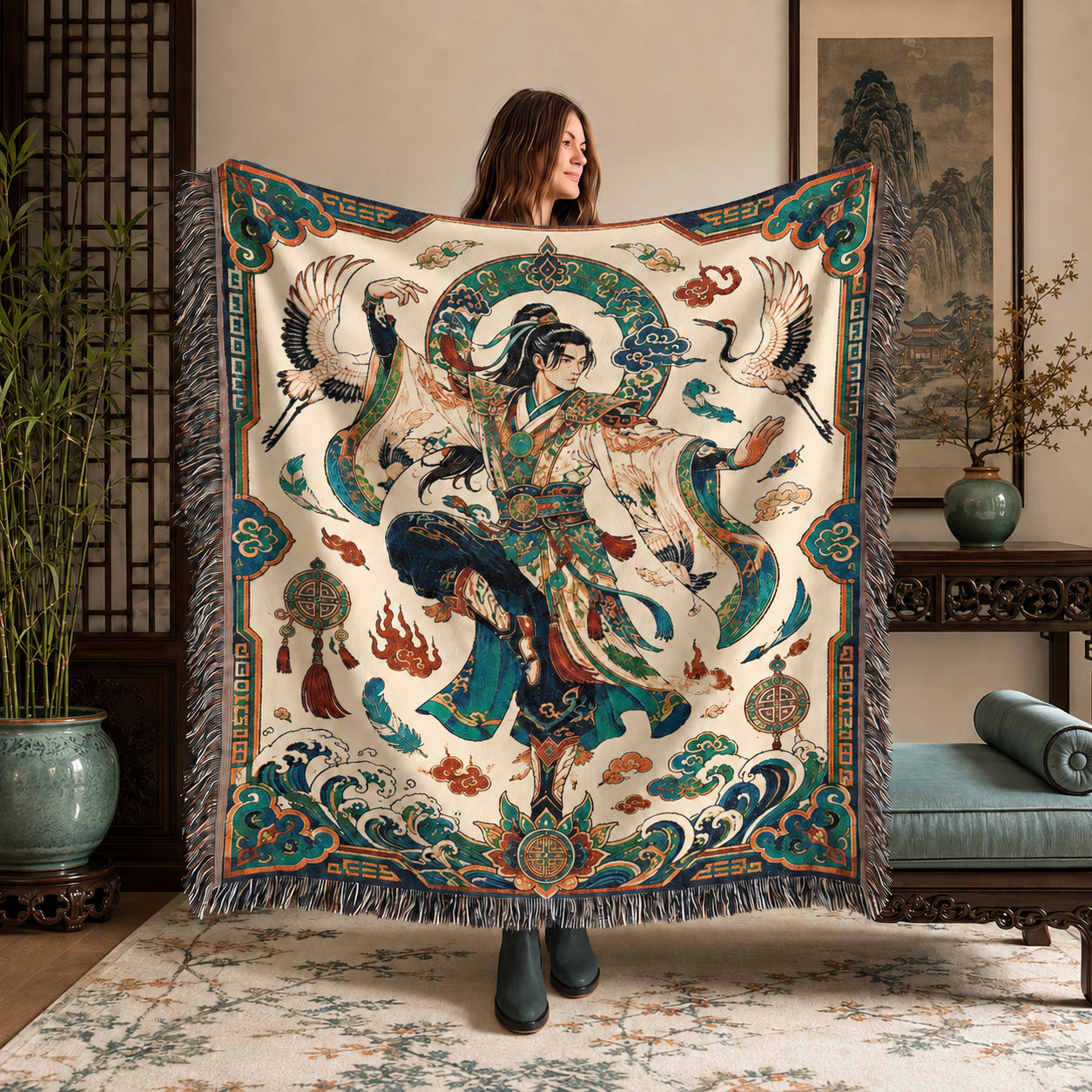 Chinese Warrior Woven Blanket with Cranes and Waves