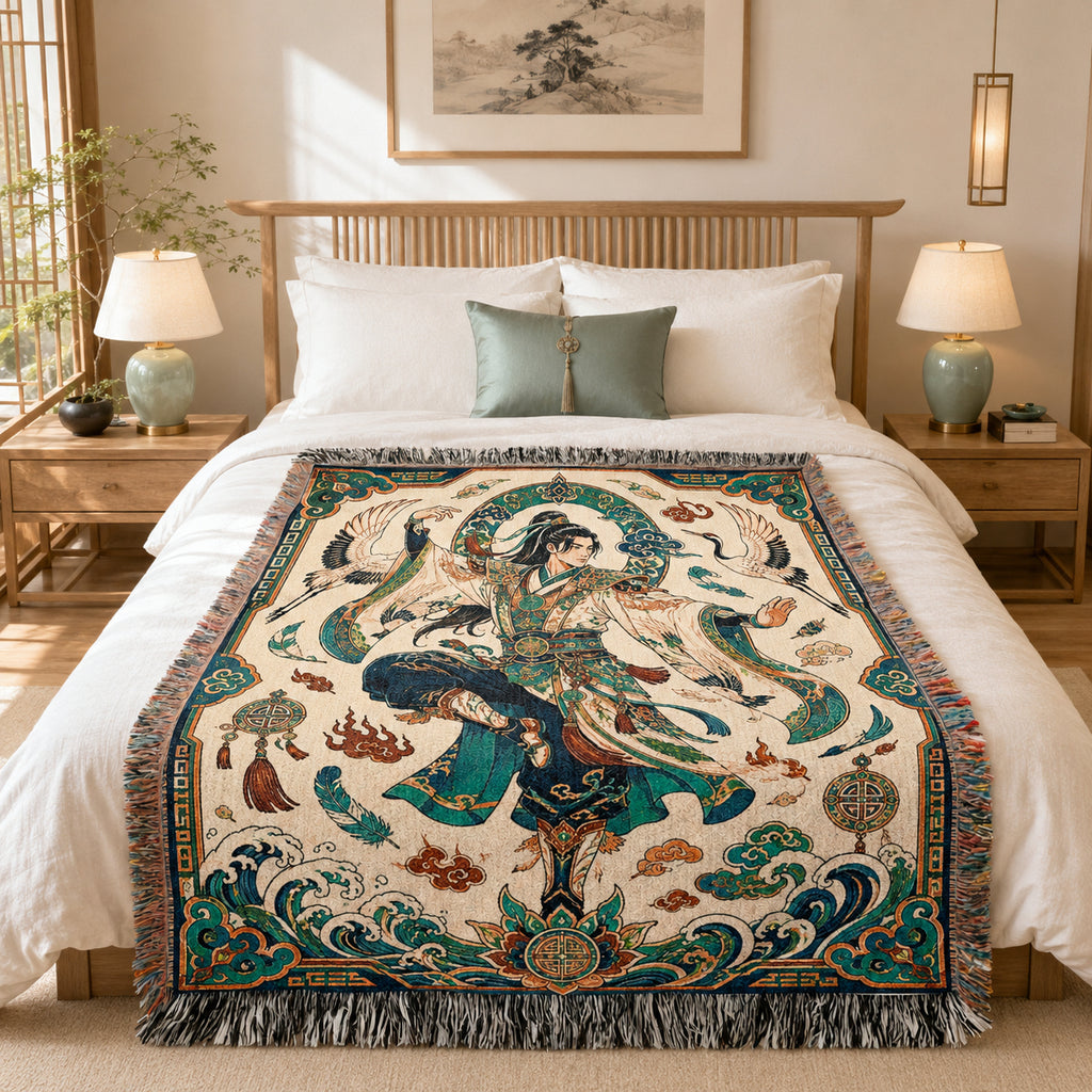 Chinese Warrior Woven Blanket with Cranes and Waves