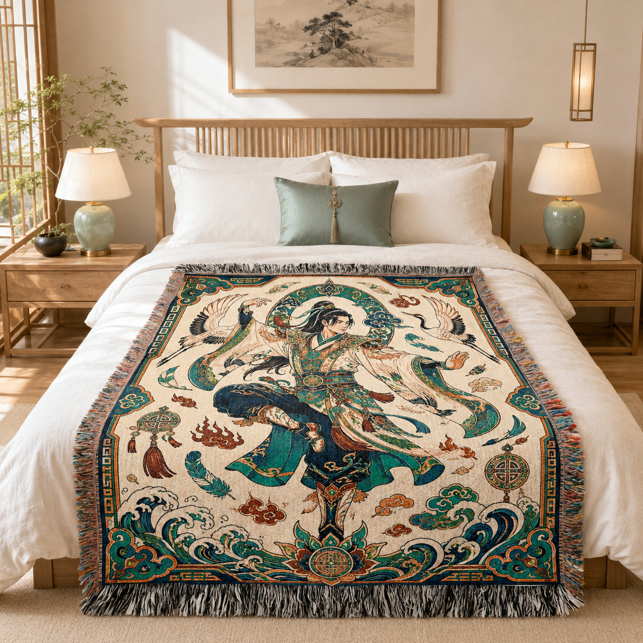 Chinese Warrior Woven Blanket with Cranes and Waves
