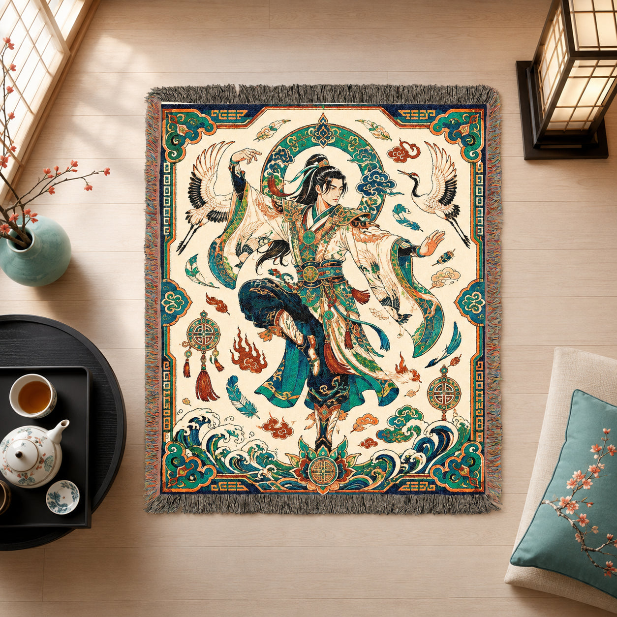 Chinese Warrior Woven Blanket with Cranes and Waves